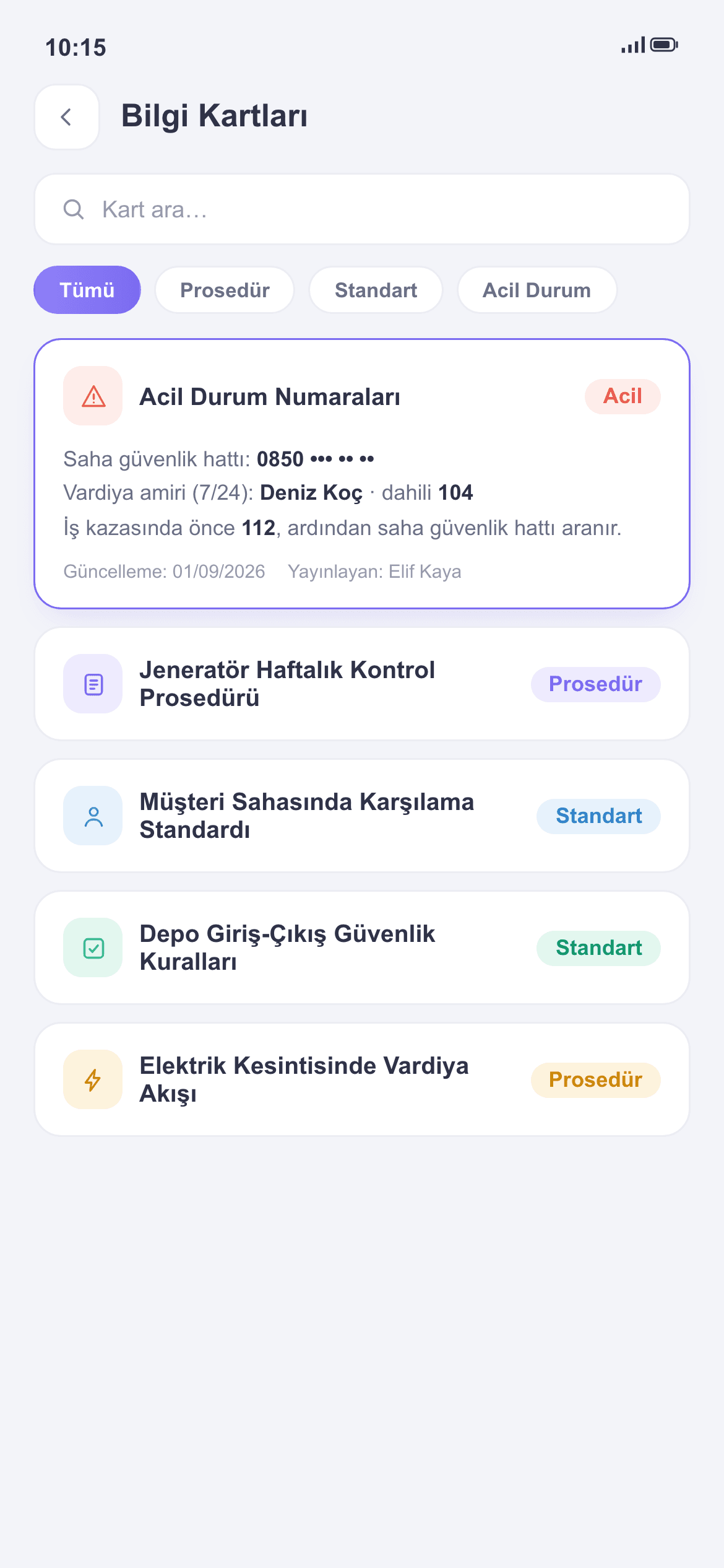 Knowledge card screen